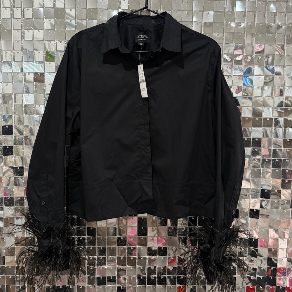 J.Crew Black Button-Up Shirt with Feather Cuff Sleeves